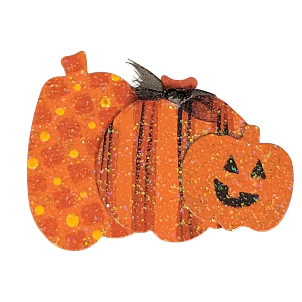 Handmade Halloween Orange Pumpkin Brooch Pin Glitter Metal Fall Jewelry 2.4”